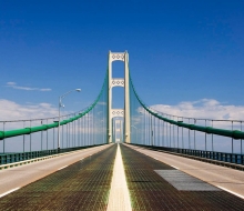 Mackinac Bridge without traffic on bridge deck, just prior to bridge being closed for parade